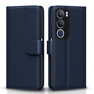 pikkme flip cover for vivo y19s  leather finish  shockproof with card pockets amp wallet stand  ultimate protection caseblue