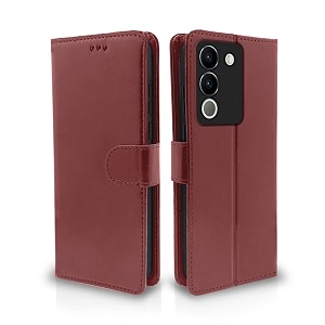 pikkme flip cover for vivo y200 5g  leather finish  shockproof with card pockets amp wallet stand  ultimate protection case brown