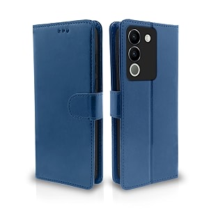 pikkme flip cover for vivo y200 5g  leather finish  shockproof with card pockets amp wallet stand  ultimate protection case blue