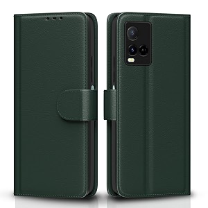 pikkme flip cover for vivo y21 2021  y33s  leather finish  shockproof with card pockets amp wallet stand  ultimate protection casegreen