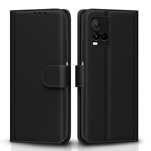 pikkme flip cover for vivo y21 2021  y33s leather finish  shockproof with card pockets amp wallet stand  ultimate protection caseblack