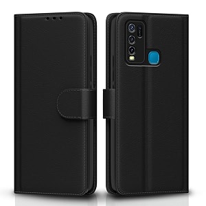 pikkme flip cover for vivo y30 leather finish  shockproof with card pockets amp wallet stand  ultimate protection caseblack