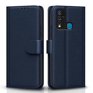 pikkme flip cover for vivo y30  leather finish  shockproof with card pockets amp wallet stand  ultimate protection case blue