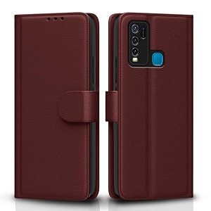pikkme flip cover for vivo y30 y50  leather finish  shockproof with card pockets amp wallet stand  ultimate protection casebrown