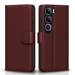 pikkme flip cover for vivo y300 5g leather finish  shockproof with card pockets amp wallet stand  ultimate protection case brown