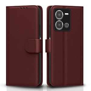 pikkme flip cover for vivo y35 leather finish  shockproof with card pockets amp wallet stand  ultimate protection casebrown