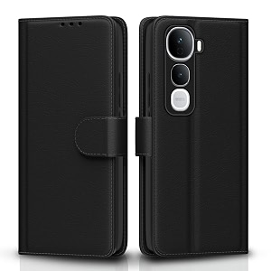 pikkme flip cover for vivo y400 pro 5g leather finish  shockproof with card pockets amp wallet stand  ultimate protection case black