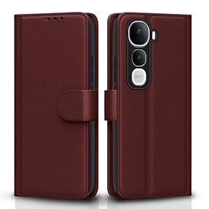 pikkme flip cover for vivo y400 pro 5g leather finish  inside tpu with card pockets  wallet stand and shock proof  complete protection flip casebrown