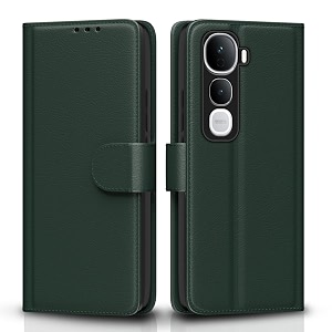 pikkme flip cover for vivo y400 pro 5g leather finish  inside tpu with card pockets  wallet stand and shock proof  complete protection flip casegreen