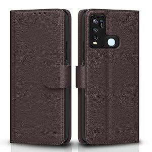 pikkme flip cover for vivo y50 leather finish  inside tpu with card pockets  wallet stand and shock proof  complete protection flip case coffee