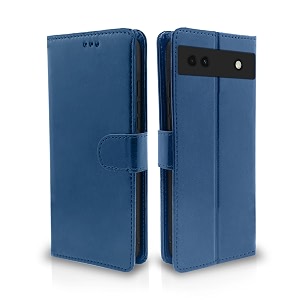 pikkme google pixel 6a flip cover leather finish  inside tpu with card pockets  wallet stand and shock proof  complete protection flip case blue