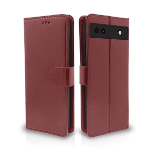 pikkme google pixel 6a flip cover leather finish  inside tpu with card pockets  wallet stand and shock proof  complete protection flip case brown