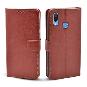 pikkme honor play flip cover case  leather finish  inside tpu with card holder  wallet stand  shock proof  magnetic closure  360 degree complete protection flip cover for honor play brown