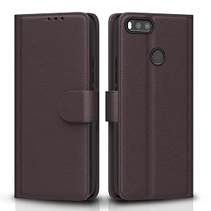 pikkme mi a1 flip case leather finish  inside tpu with card pockets  wallet stand and shock proof  magnetic closing  complete protection flip cover for mi a1 coffee
