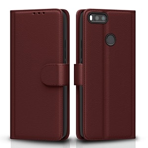 pikkme mi a1 flip case leather finish  inside tpu with card pockets  wallet stand and shock proof  magnetic closing  complete protection flip cover for mi a1 brown