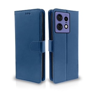 pikkme moto edge 50 pro 5g flip cover leather finish  inside tpu with card pockets  wallet stand and shock proof  complete protection flip case blue