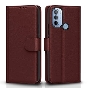 pikkme moto g31 flip cover  pu leather finish  360 protection  wallet amp stand  strong magnetic flip case for moto g31 brown