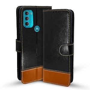 pikkme moto g71 5g flip cover  dual-tone pu leather finish  wallet style amp stand  magnetic flip case for moto g71 5g black amp brown