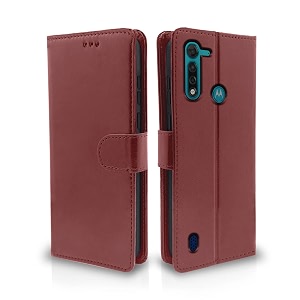 pikkme moto g8 power lite leather magnetic flip wallet case cover for moto g8 power lite brown