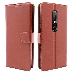 pikkme nokia 42 flip cover  brown leather finish  inside tpu with card pockets  wallet stand  shock proof  magnetic closure  360 degree complete protection flip cover for nokia 42