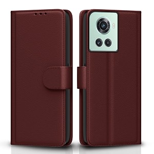 pikkme oneplus 10r 5g  10r prime 5g flip case leather finish  inside tpu with card pockets  wallet stand and shock proof  magnetic closing  complete protection flip cover brown