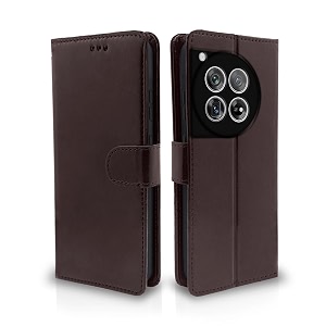 pikkme oneplus 12 5g flip cover leather finish  inside tpu with card pockets  wallet stand and shock proof  complete protection flip case coffee