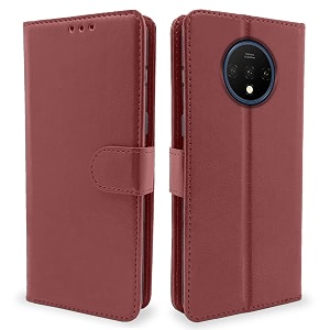 pikkme oneplus 7t flip case leather finish  inside tpu with card pockets  wallet stand  shock proof  magnetic closure  360 degree complete protection flip cover for oneplus 7t 17t - brown