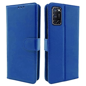 pikkme oppo a52 flip case leather finish  inside tpu with card pockets  wallet stand and shock proof  magnetic closing  complete protection flip cover for oppo a52 blue