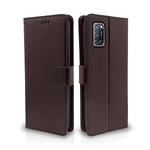 pikkme oppo a52 flip case leather finish  inside tpu with card pockets  wallet stand and shock proof  magnetic closing  complete protection flip cover for oppo a52 coffee
