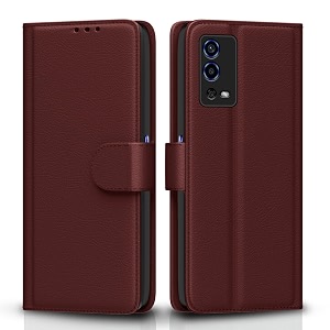 pikkme oppo a55 flip case leather finish  inside tpu with card pockets  wallet stand and shock proof  magnetic closing  complete protection flip cover brown