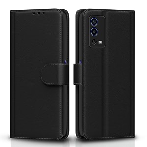 pikkme oppo a55 flip case leather finish  inside tpu with card pockets  wallet stand and shock proof  magnetic closing  complete protection flip cover black