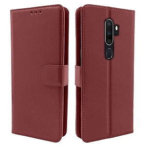 pikkme oppo a9 2020 flip case leather finish  inside tpu with card pockets  wallet stand and shock proof  magnetic closing  360 degree complete protection flip cover for oppo a9 2020 brown