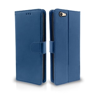 pikkme oppo f1s flip cover leather finish  inside tpu with card pockets  wallet stand and shock proof  magnetic closing  complete protection flip case blue