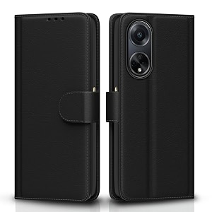 pikkme oppo f23 5g flip cover leather finish  inside tpu with card pockets  wallet stand and shock proof  complete protection flip case black