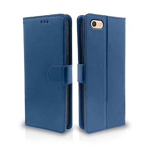 pikkme oppo f3 flip cover leather finish  inside tpu with card pockets  wallet stand and shock proof  magnetic closing  complete protection flip case blue
