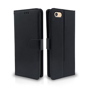 pikkme oppo f3 flip cover leather finish  inside tpu with card pockets  wallet stand and shock proof  magnetic closing  complete protection flip case black