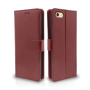 pikkme oppo f3 flip cover leather finish  inside tpu with card pockets  wallet stand and shock proof  magnetic closing  complete protection flip case brown