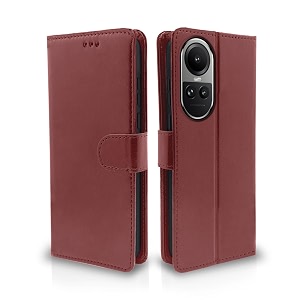 pikkme oppo reno 10 5g flip cover leather finish  inside tpu with card pockets  wallet stand and shock proof  complete protection flip case brown
