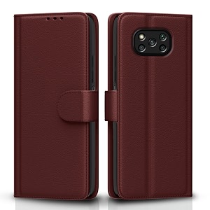 pikkme poco x3 leather flip cover wallet case for poco x3 brown