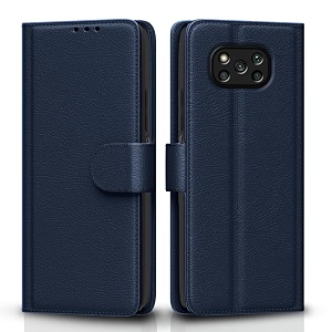 pikkme poco x3 leather flip cover wallet case for poco x3 blue