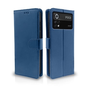 pikkme poco x4 flip cover leather finish  inside tpu with card pockets  wallet stand  complete protection flip case blue