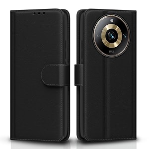 pikkme realme 11 pro  11 pro plus 5g  narzo 60 pro 5g flip cover leather finish  inside tpu with card pockets  wallet stand and shock proof  complete protection flip case black