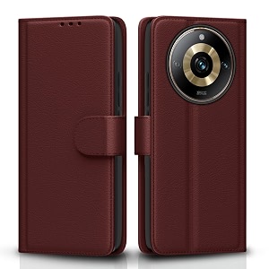 pikkme realme 11 pro  11 pro plus 5g  narzo 60 pro 5g flip cover leather finish  inside tpu with card pockets  wallet stand and shock proof  complete protection flip case brown