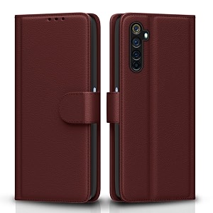 pikkme realme 6 flip cover magnetic leather wallet case shockproof tpu for realme 6 brown