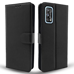 pikkme realme 7 pro flip case leather finish  inside tpu with card pockets  wallet stand and shock proof  magnetic closing  complete protection flip cover for realme 7 pro black
