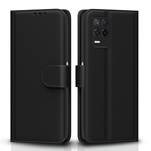 pikkme realme 9 5g  8s 5g  8 5g  narzo 30 5g flip case leather finish  inside tpu with card pockets  wallet stand and shock proof  magnetic closing  complete protection flip cover black