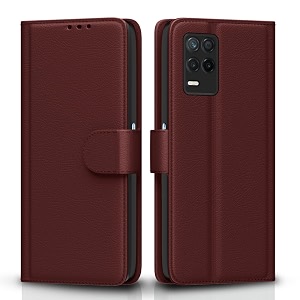 pikkme realme 9 5g  8s 5g  8 5g  narzo 30 5g flip case leather finish  inside tpu with card pockets  wallet stand and shock proof  magnetic closing  complete protection flip cover brown