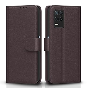 pikkme realme 9 5g  8s 5g  8 5g  narzo 30 5g flip case leather finish  inside tpu with card pockets  wallet stand and shock proof  magnetic closing  complete protection flip cover coffee