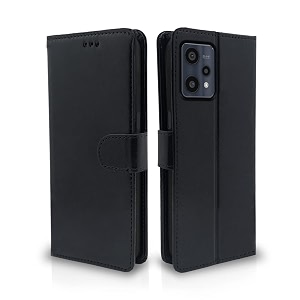 pikkme realme 9 pro flip case leather finish  inside tpu with card pockets  wallet stand and shock proof  magnetic closing  complete protection flip cover for realme 9 pro black