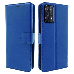 pikkme realme 9 pro flip case leather finish  inside tpu with card pockets  wallet stand and shock proof  magnetic closing  complete protection flip cover for realme 9 pro blue